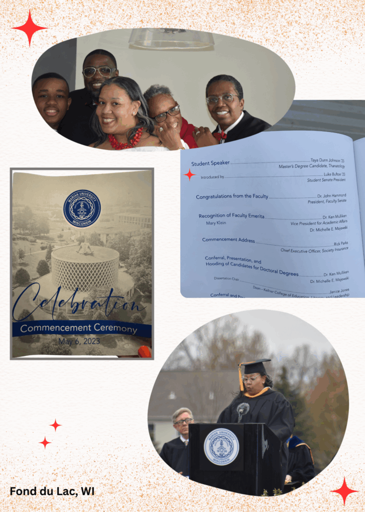 Collage of Black family, graduation program and Black woman on stage.